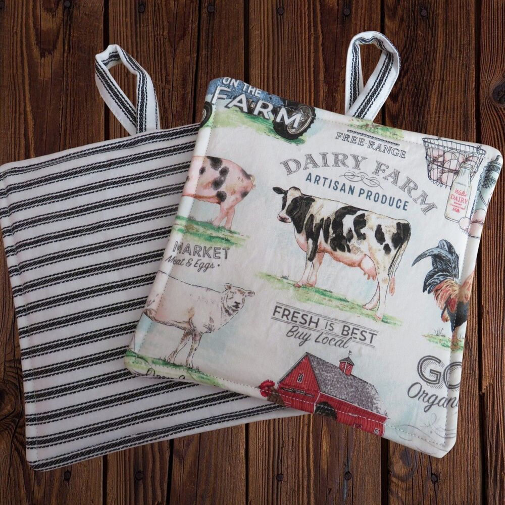 Handmade Potholder, Set of 2, Reversible Farm and White and Black Ticking